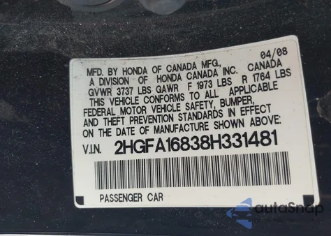 2008 Honda Civic Ex z USA, uszkodzony, nr VIN 2HGFA16838H331481